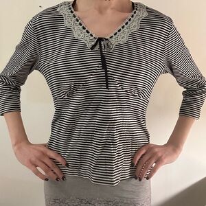 Striped Black and White Women's Top with Lace Detail